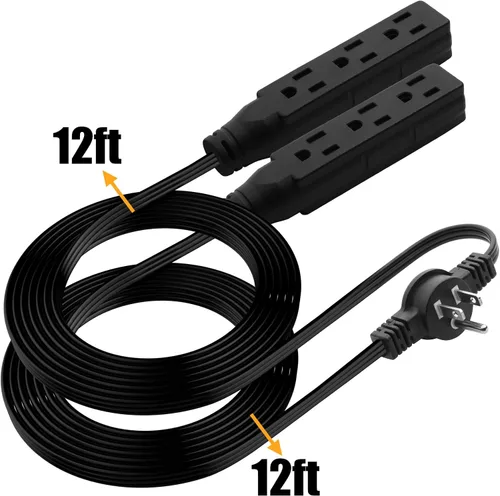Vista 5 de Cable de extensión doble, enchufe de pared plana de 24 pies, 12 pies en cada lado, regleta de alimentación de 3 clavijas con 6 tomas, divisor