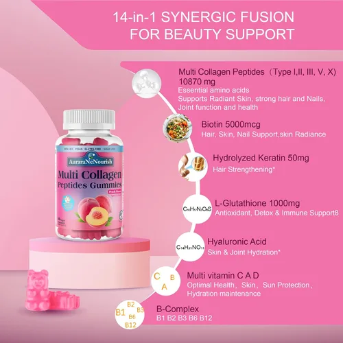 Vista 3 de Gomitas de péptidos de colágeno múltiple, sin azúcar, hidrolizadas, 5000 mg de proteína, tipo I, II, III, V, X, con biotina, ácido hialurónico