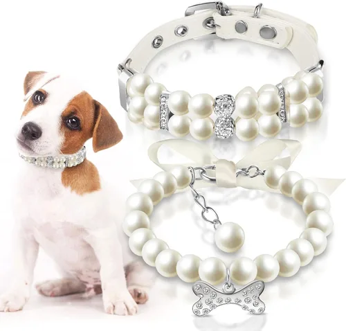 Vista 9 de Hicarer 2 Piezas Collares de Perlas Pequeños para Perros y Gatos y Juego de Collar de Perlas con Collar de Cuero PU Lindo para Mascotas con Cristal