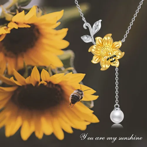 Vista 3 de Yafeeso Pearl Pendant Necklace 925 Sterling Silver Single PearlBee Sunflower Pendant Necklace Dainty Jewelry Gifts for Her