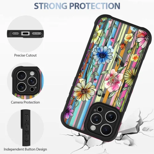 Vista 4 de AIGOMARA Magnetic Case for iPhone 16 Pro, Striped Floral - Black Black - Striped Floral