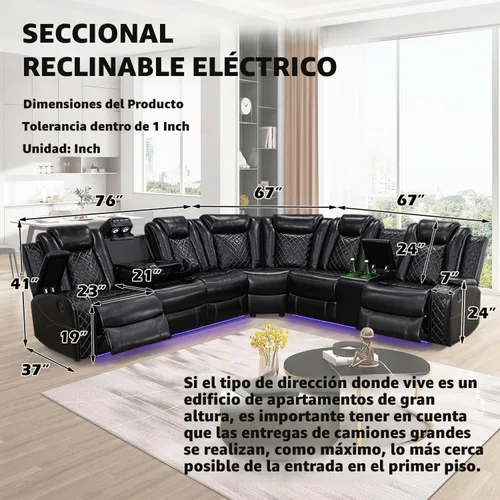 Vista 2 de Sofá Seccional Reclinable Eléctrico, Sofá Modular Seccional Reclinable de Cuero Negro, Sofá de Cuero en Forma de L con Luces LED/Cargador