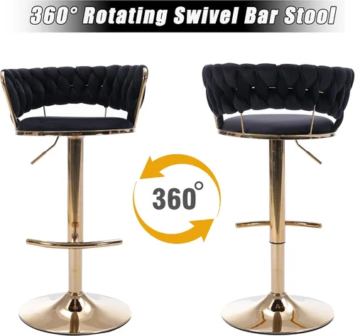 Vista 5 de Juego de 2 taburetes de bar de terciopelo giratorios con base de metal dorado, taburetes de bar modernos de altura de mostrador para cocina, pub