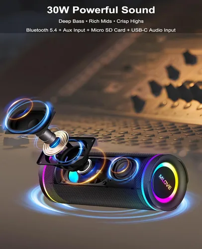 Vista 2 de MLOVE Altavoces E80 Bluetooth inalámbricos, altavoz Bluetooth portátil con entrada auxiliar, ranura para tarjeta micro SD, Bass Up, TWS, luces RGB