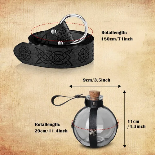 Vista 7 de Juego de 4 accesorios renacentistas medievales con cinturón vikingo, brazaletes de cuero, armadura de hombro, botella mágica, disfraces medievales