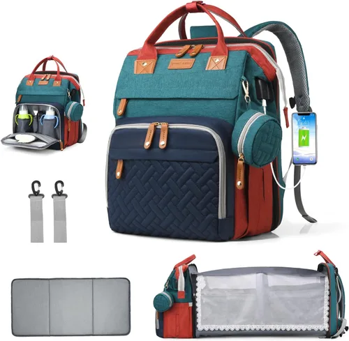 Vista 9 de Bolsa de pañales con estación de cambio, bolsa de bebé de viaje multifuncional, tote de bebé impermeable, bolsa de mamá de gran capacidad, mochila
