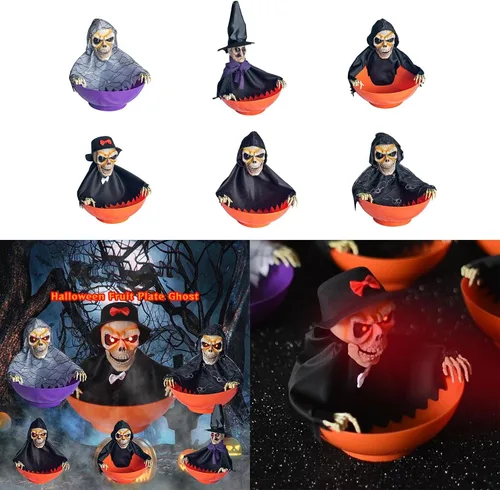 Vista 4 de Soporte de caramelo de esqueleto activado por movimiento espeluznante con calavera gritando y ojos rojos iluminados para decoraciones de Halloween