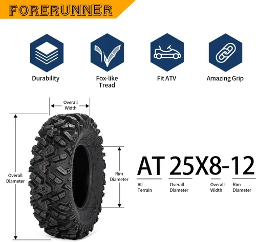 Vista 2 de FORERUNNER - Neumáticos ATV 25x8-12, todo terreno, 6PR 25x8x12, ATV, UTV, Trail Mud Sand Off-Road (paquete de 2, sin cámara) FORERUNNER 6PR