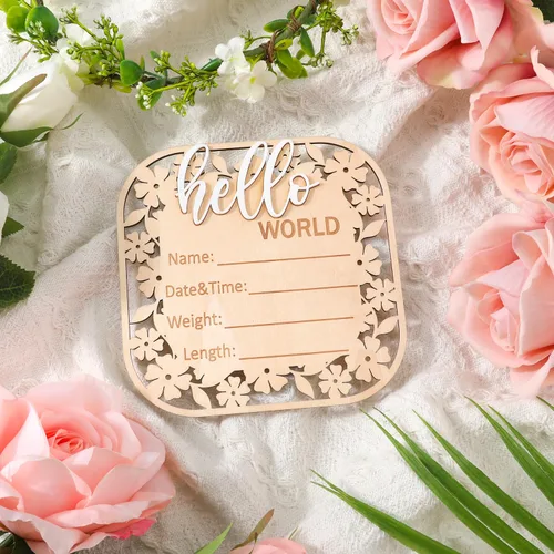 Vista 4 de Letrero de anuncio de madera con texto en inglés «Hello World» para recién nacido, letrero de anuncio de nacimiento de bebé, letrero de anuncio
