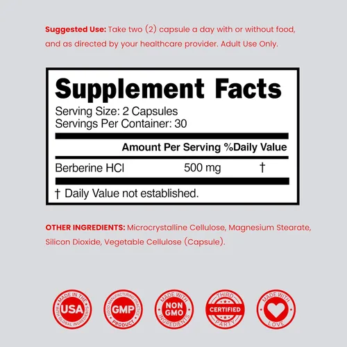 Vista 6 de Suplemento de berberina de 500 mg por porción (60 cápsulas) Berberina HCL para apoyo a la salud intestinal para hombres y mujeres - Suplementos
