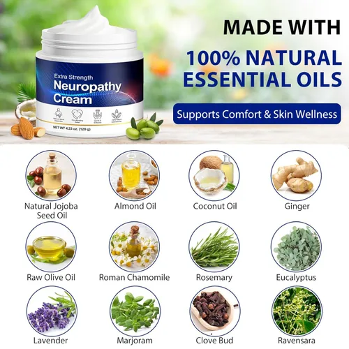 Vista 4 de Crema extra fuerte para alivio de neuropatía, 4.23 onzas, enriquecida con aceites esenciales de romero, eucalipto y lavanda, crema de gel