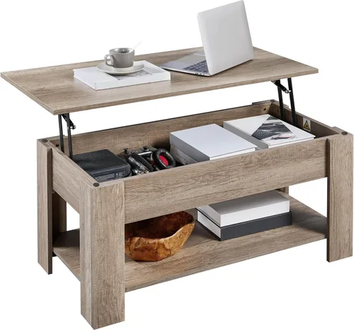 Vista 12 de Yaheetech Mesa de café de madera, mesa de centro con estante de almacenamiento oculto grande, mesa de comedor con superficie elevada para sala