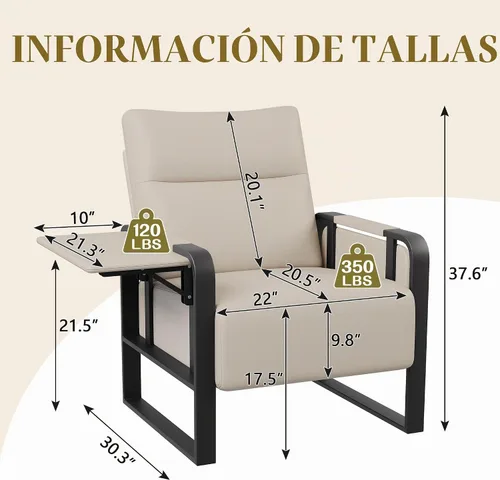 Vista 2 de Silla de Acento Moderna Tapizada en Cuero PU Sillón con Mesa de Bandeja para Dormitorio Sala de Estar Sillas Silla de Oficina Beige Modern Living