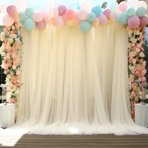Vista 4 de Telón de fondo de tul transparente champán sin arrugas para fiestas, telón de fondo de boda, para fiesta de cumpleaños, baby shower, decoración