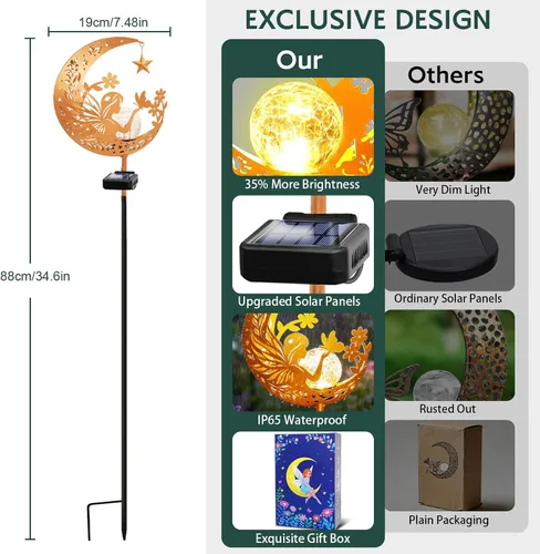 Vista 4 de Luces solares para exterior, decorativas, con forma de ángel lunar, luces solares con poste, luces de camino, regalos de cumpleaños para mujeres
