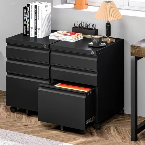 Vista 2 de Yizosh Archivador móvil de 3 cajones con cerradura, archivador negro debajo del escritorio, archivador con bloqueo de metal sobre ruedas