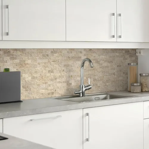 Vista 6 de SUNWINGS Azulejos de travertino autoadhesivos de piedra natural 3D de 5 hojas, 10.63 x 11.22 pulgadas, para pegar en el protector contra