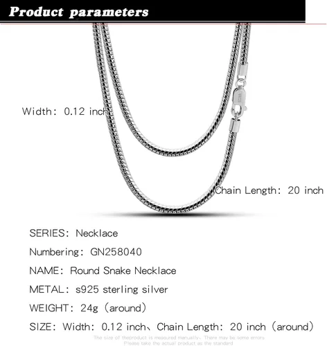Vista 2 de H&Beautimer Collar clásico unisex de plata de ley 925, collar de cadena de serpiente redonda de 0.118-0.157 in para hombres y mujeres, joyería fina