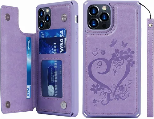 Vista 16 de iCoverCase Compatible con iPhone 12/12 Pro Wallet Funda para teléfono con tarjetero para mujer, bloqueo RFID en relieve de piel sintética con correa