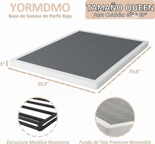 Vista 2 de YORMDMO Somier de 3 pulgadas, resortes de caja tamaño Queen con cubierta de tela, bases de metal resistente de bajo perfil, fácil montaje, capacidad