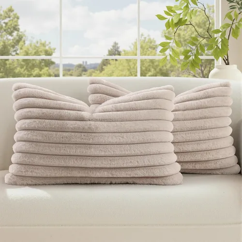 Vista 60 de decorUhome Fundas de almohada de piel sintética, juego de 2, decorativas, afelpadas, suaves, afelpadas, a rayas, parte posterior de terciopelo