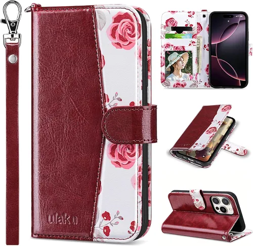 Vista 25 de ULAK Funda tipo cartera compatible con iPhone 15 Pro con tarjetero y diseño de flores, para mujeres y niñas, piel sintética, con función atril