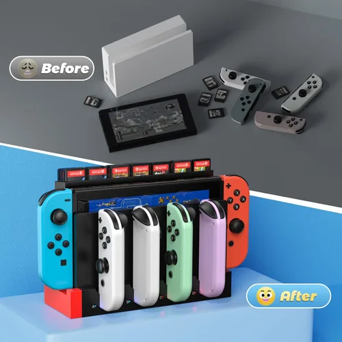 Vista 3 de FastSnail Cargador compatible con Nintendo Switch para Joy con, base de estación de carga y soporte de almacenamiento para tarjetas de juego con 28