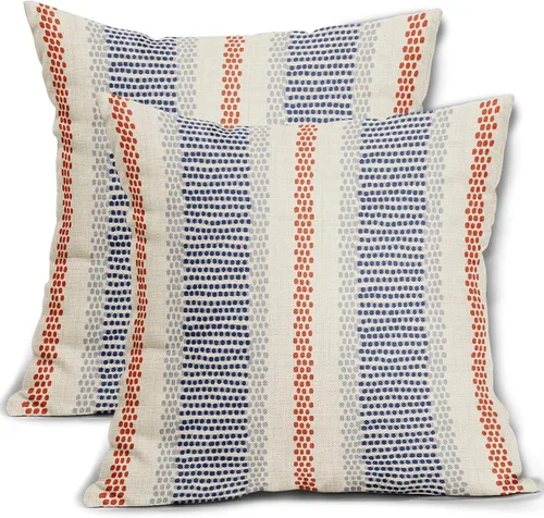 Vista 15 de Juego de 2 fundas de almohada negras y azules con rayas de puntos grises, decorativas para exteriores, estilo boho rústico, para sofá, cama, cojín