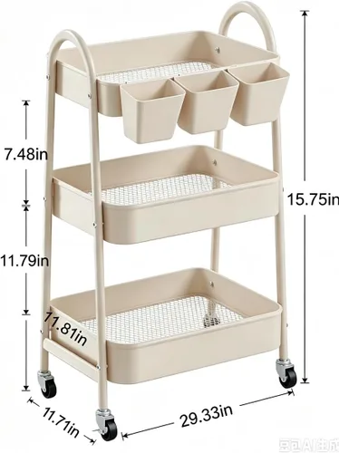 Vista 2 de danpinera Carrito rodante de 3 niveles, carrito de almacenamiento móvil de metal con ruedas bloqueables, tazas colgantes y ganchos para cocina
