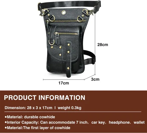 Vista 3 de Handadsume Riñonera de lona resistente al agua + cuero para motocicleta, riñonera de viaje para muslo, bolsa para hombres y mujeres, FB2141, 100%