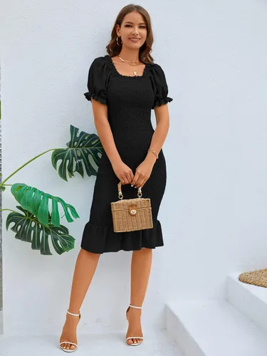 Vista 5 de SENFURE Vestido de verano para mujer, estilo casual, por debajo de la rodilla, fruncido, manga abombada, cuello cuadrado, volantes, vestido