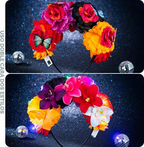 Vista 3 de Diadema de flores iluminada para mujer, accesorio para el día de los muertos, accesorios para el cabello de Halloween