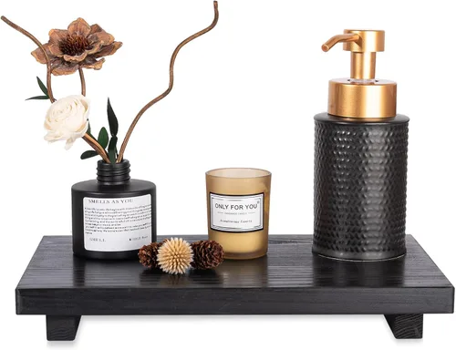 Vista 15 de Organizador de encimera de baño, soporte de pedestal de madera, bandeja decorativa de estilo granja, portajabones para decoración de cocina, Negro