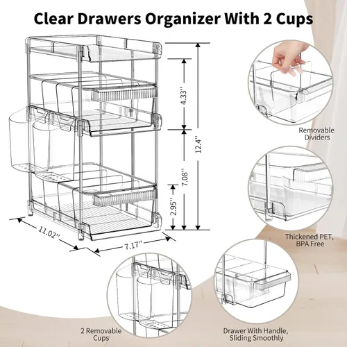 Vista 5 de Organizadores de Baño Transparentes 2 Juegos de 3 Niveles, Organizador Extraíble y Almacenamiento con 2 Tazas, Contenedor de Almacenamiento
