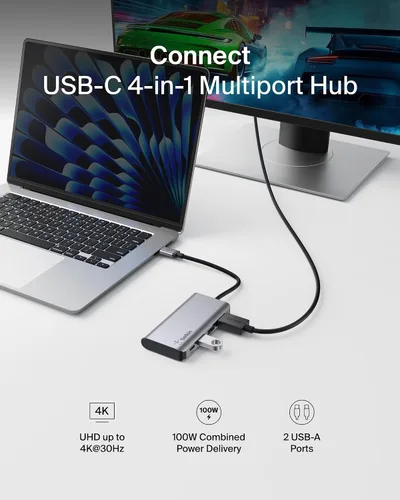 Vista 2 de Belkin Hub USB C, base multipuerto 4 en 1 para laptop con HDMI 4K, estación de acoplamiento USB C con entrega de alimentación de paso de 100 vatios