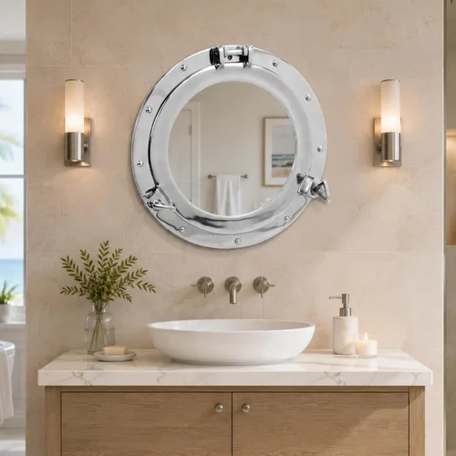 Vista 9 de Nagina International Espejo Decorativo de Baño de Ojo de Buey de Aluminio Chapado en Níquel Elaborado en Metal (10 Pulgadas)