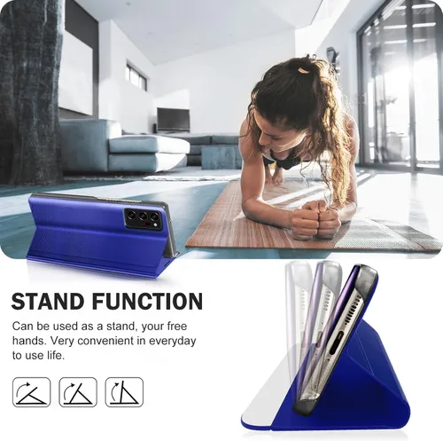 Vista 6 de Funda para Samsung Galaxy Note 20 Ultra 5G View Clear Window Leather para Samsung Note 20 Ultra Case Slim Mirror Hard PC Kickstand Luxury Flip A Azul