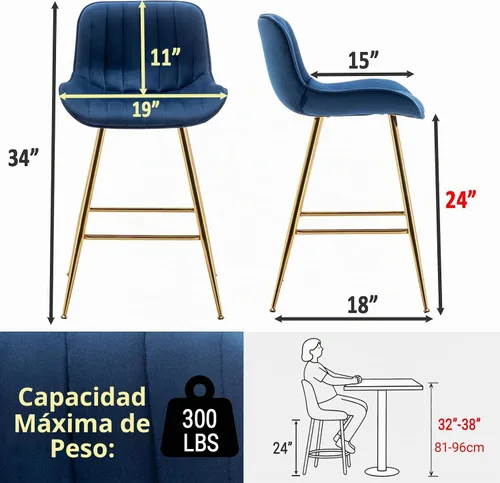 Vista 3 de Sidanli Blue - Juego de 2 taburetes de bar de terciopelo de 24 pulgadas con reposapiés, sillas de bar modernas para el hogar, isla de cocina, comedor