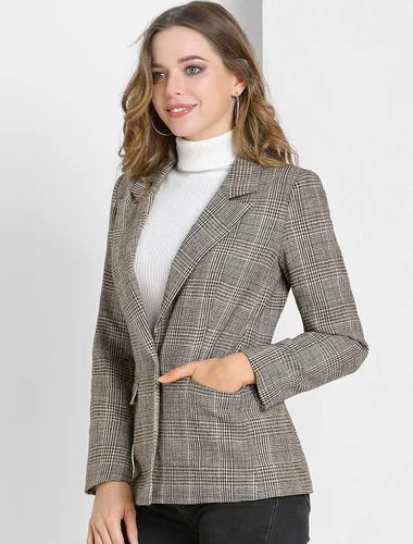 Vista 2 de Allegra K Chaqueta tipo blazer de pata de gallo con solapa y muescas a cuadros para mujer