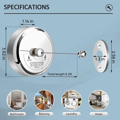Vista 6 de Tendedero retráctil, secadora de línea de ropa de acero inoxidable 304 con cuerda de acero inoxidable ajustable para colgar secar baño, lavandería
