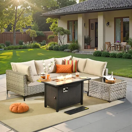 Vista 29 de ovios Muebles de patio de 8 piezas con hoguera, juego de conversación de mimbre de ratán para exteriores con mesa de centro brillante, cómodo sofá