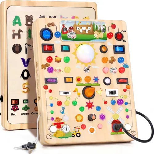 Vista 13 de Tablero de actividades con interruptores de luz LED, juguetes Montessori para niños de 1, 2, 3 años, tablero de actividades sensoriales de madera