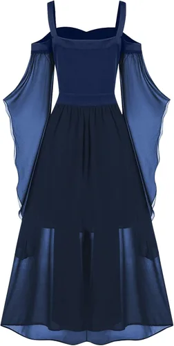 Vista 3 de Vestido gótico para mujer, vestidos de hombros descubiertos de Halloween, talla grande, vestido de manga acampanada, vestido medieval sexy
