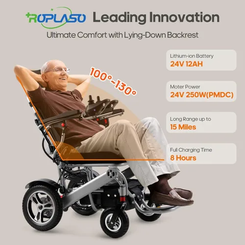 Vista 5 de Silla de ruedas eléctrica reclinable para adultos plegable con motor Silla de ruedas eléctrica con respaldo reclinable todo terreno para personas