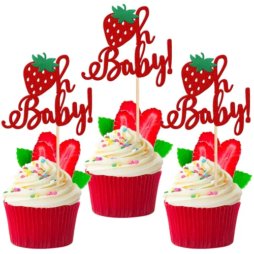 Vista 15 de 24 piezas de adornos para cupcakes de fresa, purpurina roja, temas de frutas, bayas y fresas, para verano, dulces, baby shower, fiesta