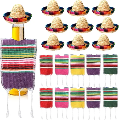 Vista 10 de Panitay 6 juegos de pequeños sombreros de sombrero, mini serapes para botellas, cubierta de poncho de cerveza, tapas de botellas para decoración
