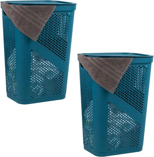 Vista 11 de Mind Reader Cesto delgado para ropa sucia con tapa, 60 L, diseño cónico para baños, armarios, plástico, juego de 2, color negro