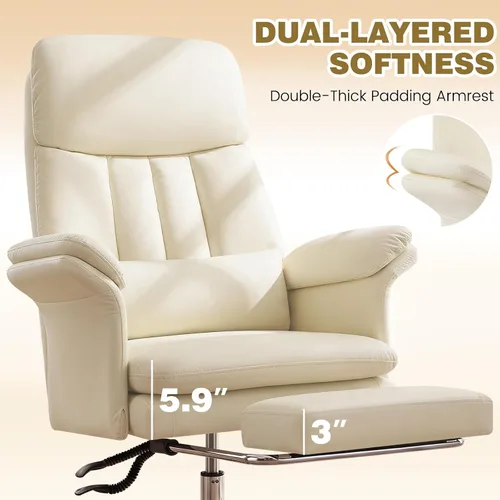Vista 8 de Silla de oficina en casa con reposapiés, 400 libras, silla de escritorio con respaldo alto con soporte lumbar, reposabrazos suaves, sillas de Beige