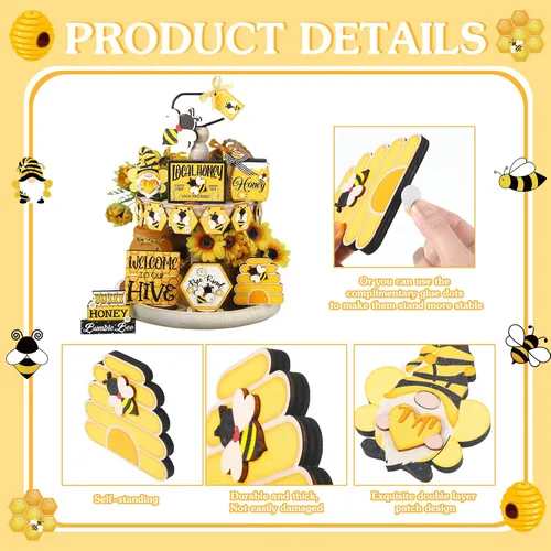Vista 3 de 15 piezas de decoración de bandeja escalonada de verano de abeja de miel, mini letrero de madera de madera, bandejas decorativas de primavera