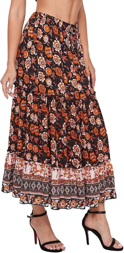 Vista 64 de Milumia Women Boho Vintage Floral Print Long Skirt Summer Tiered Maxi Skirt